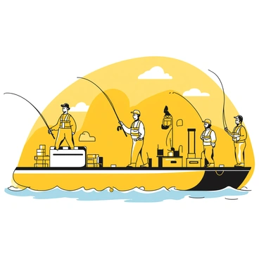 A group of fishermen is standing on the deck of a tank barge. They are wearing safety gear, including life vests and caps. Each fisherman is holding a fishing rod, casting their lines into the water. The barge is equipped with fishing gear and tackle boxes scattered around. The surface of the water reflects the sunlight, and small waves are visible. In the background, a shoreline with trees can be seen, completing the scene.
