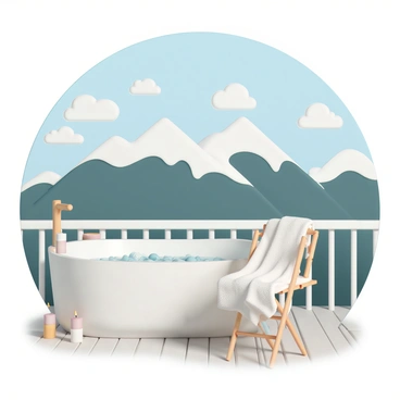 A bathtub on a balcony overlooking breathtaking snow-capped mountains