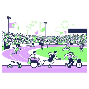 A sporting event is taking place in a large stadium filled with spectators. In the center, athletes with various abilities are participating in a range of competitions. One athlete is in a wheelchair, racing alongside another athlete using a prosthetic leg, both focused on the finish line. Nearby, a group of competitors is engaging in a relay race, passing a baton. Each athlete is wearing a uniform representing their team, with visible team logos. The atmosphere is filled with excitement as supporters cheer from the stands, waving banners and flags. The sun is shining brightly over the track, creating an energetic environment for the event.