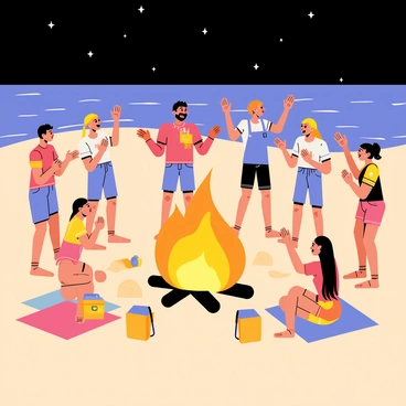 A lively beach bonfire party is taking place on the sandy shore. A large, bright bonfire emits warm orange flames, illuminating the faces of the friends gathered around it. A group of friends, both male and female, are standing in a circle, singing joyfully, with their arms raised and smiles on their faces. Some friends are dancing energetically, while others are seated on colorful beach towels, clapping to the music. The night sky is dotted with stars, and gentle waves lap at the shore in the background. A few beach chairs and coolers are scattered around, completing the festive atmosphere.