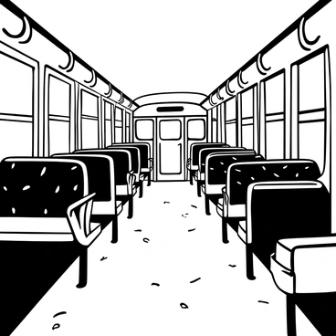 The interior of an old school bus features vintage seats with patterned upholstery, arranged in rows. The seats are made of worn leather and have metal frames that show signs of age. Large, rectangular windows line the sides, allowing for a view of the outside. Sunlight streams through the glass, creating distinct shadows on the floor. The floor is made of a durable material that is scuffed and faded from years of use. There are overhead grab rails running along the ceiling, and the walls show peeling paint, adding to the character of the bus.