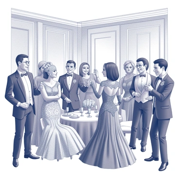 A lavish costume party is taking place in an elaborately decorated ballroom. Participants are wearing intricate outfits, showcasing a variety of designs. Some attendees are dressed in elaborate gowns adorned with lace and sequins, while others sport meticulously crafted suits with elaborate embellishments. A few guests are wearing masks that feature intricate designs, adding an air of mystery. The atmosphere is filled with laughter and chatter as people gather in groups, exchanging compliments on their costumes. The room is filled with decorative elements such as chandeliers and ornate table settings, creating an opulent setting for the event.