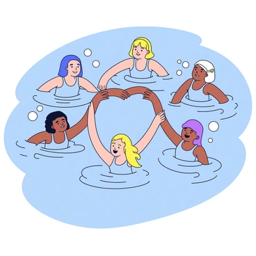 A group of synchronized swimmers in matching light blue swimsuits, gracefully forming intricate shapes together. Each swimmer is smiling and their movements are precisely coordinated. They are submerged in a clear blue pool with rippling water reflecting the overhead sunlight. Bubbles rise from their synchronized motions, creating a sense of fluidity in the scene. The background features a simple poolside edge that emphasizes the swimmers' performance.