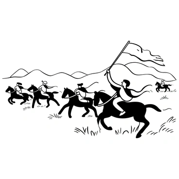 A group of horse riders wearing armor and capes galloping across an expansive plain. The riders are depicted in various dynamic poses, with their horses kicking up dust as they run. The landscape features rolling hills and scattered tufts of grass, enhancing the sense of movement. In the background, there are distant mountains, adding depth to the scene. The riders carry banners that flutter in the wind, creating a visual sense of camaraderie and strength.