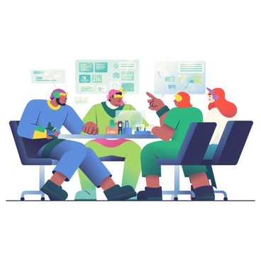 A diverse team of mutants is gathered around a high-tech table. The table is sleek and metallic, with glowing blue and green interfaces displayed on its surface. Each mutant has unique features: one has vibrant blue skin with yellow eyes, another has green scales and sharp claws, and a third has bright red hair and pointed ears. They are engaged in a serious discussion, pointing at different holographic maps and data projections rising from the table. The environment is well-lit with futuristic lighting, and various gadgets and tools are scattered around the table, suggesting a collaborative planning session.