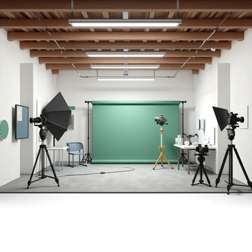 A small film studio set up inside a garage. The garage has exposed wooden beams and concrete flooring. There are several cameras positioned on tripods, each with different lenses. Large green screens are mounted against the walls, creating a backdrop for filming. Various lighting equipment, including softboxes and LED panels, are set up strategically around the space, illuminating the area. Cables run across the floor, connecting the equipment, and there are a few chairs and a table cluttered with film scripts and notes.