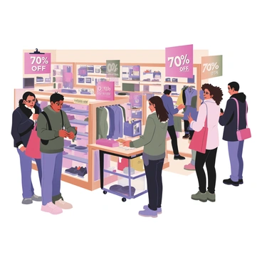 A digital flat illustration depicting a busy retail store during a sale event. There are several shoppers throughout the scene, some carrying shopping bags. A man with dark hair is examining a clothing rack filled with vibrant items, while a woman with curly hair is checking prices on a shelf nearby, holding a bright red bag. Colorful sale signs are prominently displayed, with phrases like "70% OFF" and "LIMITED TIME ONLY" in bold letters. The store is filled with various products on shelves and racks, showcasing a wide array of items from clothes to accessories. The atmosphere is lively with shoppers moving around and examining products.