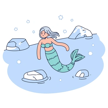 A polar mermaid with shimmering aquamarine scales and flowing silver hair is swimming gracefully in the cold, clear sea. She has a long, elegant tail that sparkles in the sunlight. Around her are large, jagged icebergs floating on the surface, some partially submerged in the water. Soft white snowflakes are gently falling from the sky, landing on the surface of the sea, creating small ripples. The atmosphere is crisp and chilly, enhancing the magical scene.