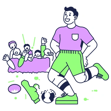 A vintage caricature of a well-known football player is depicted in a humorous style. The player has exaggerated features, with a large head and an oversized grin. He is wearing a classic football jersey with short sleeves and vintage shorts, showcasing his athletic build. The player is in a dynamic pose, as if caught in the middle of a kick, with one leg lifted and a football positioned nearby. His hair is styled in a distinctive, retro fashion, adding to the comedic effect. In the background, a small crowd of fans is cheering, with some holding oversized foam fingers.