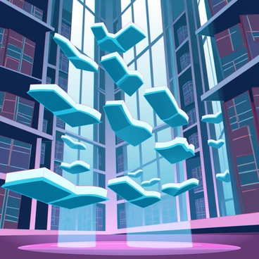 A grand library with towering shelves filled with books and scrolls. The books and scrolls are floating in the air, suspended by an unseen force. Each book is open, revealing pages that emit a soft, luminous glow. The light from the glowing pages casts ethereal shadows on the polished wooden floors. The walls of the library are adorned with intricate carvings, and large windows allow shafts of light to filter in, enhancing the magical atmosphere of the space.