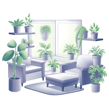 A cozy room filled with a variety of green houseplants on shelves and tables