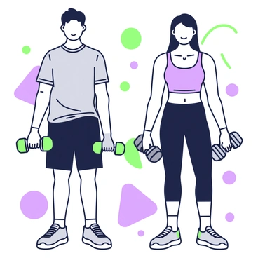 A split image showing two sides of a person engaged in a fitness journey. On the left, there is an individual with a neutral expression, standing with slightly rounded shoulders, holding a pair of dumbbells in each hand. They are wearing a loose-fitting grey t-shirt and black shorts. On the right side of the image, the same individual appears more confident with a bright smile, showcasing improved posture and muscle definition. They are wearing a fitted blue tank top and black athletic leggings while holding a heavier set of dumbbells. The background features simple shapes that emphasize the transformation displayed.