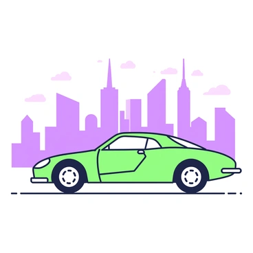 A sleek car silhouette is positioned prominently in the foreground. The car has smooth curves and a streamlined design, emphasizing its modern features. Behind the car, a city skyline emerges, showcasing a range of tall buildings with various architectural styles. The skyline is alive with shapes and forms, including skyscrapers and angled structures. The scene is set at dusk, creating a gradient of light that highlights the outlines without specifying colors. The horizon is subtly illuminated by the last light of day.