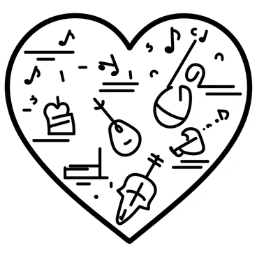 A large heart shape filled with various musical notes and instruments. The heart's outline is bold and prominent. Inside, there are different types of musical notes, including quarter notes, eighth notes, and treble clefs, scattered throughout. Instruments such as a piano, guitar, violin, and trumpet are arranged within the heart. Each instrument is clearly labeled with the type of sound it produces, such as "melody," "harmony," or "rhythm." The overall composition is well-organized, with the instruments and notes artfully integrated into the heart's shape.