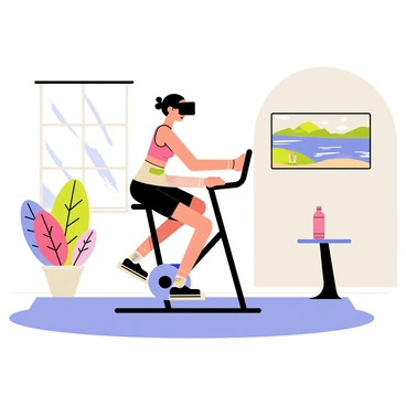 A person wearing a black virtual reality headset is sitting on a spin bike in a bright and modern living room. The individual is dressed in a sporty outfit, consisting of a tank top and shorts, with their feet securely placed on the bike pedals. Surrounding them are colorful indoor plants and a large window that lets in natural light. A sleek television is mounted on the wall, displaying a vibrant virtual landscape, while a water bottle sits on a small table next to the bike. The scene conveys an active and immersive workout experience.