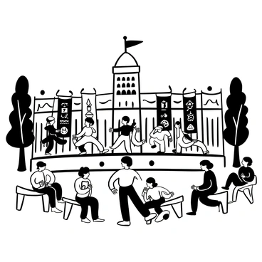 A traditional ceremony occurring in front of the Parliament building, surrounded by a crowd. There are performers in traditional attire engaging in cultural dances on a large stage. Several decorative banners are displayed, bearing intricate patterns and symbols. In the foreground, an audience is seated on benches, with some individuals holding traditional instruments. The atmosphere is filled with dynamic movement as performers showcase their artistic skills. Several trees are visible in the background, framing the scene.