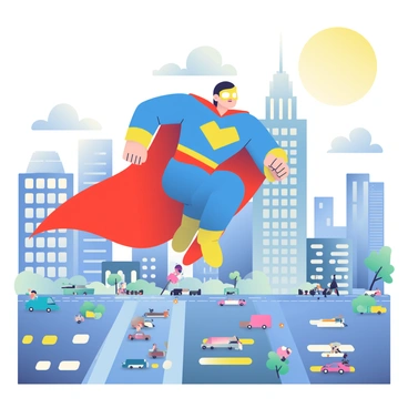 A man named Adam is dressed in a vibrant blue superhero costume with a bright red cape fluttering behind him as he flies above a bustling metropolis. The city below features tall skyscrapers with glass windows reflecting the sunlight, and busy streets filled with vehicles and pedestrians. Adam's costume has a bold yellow emblem on his chest and a mask covering his eyes. In the background, fluffy white clouds dot the sky, and the sun shines brightly, casting long shadows across the cityscape.