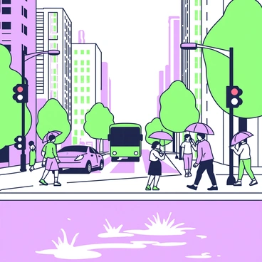 A bustling city street filled with people walking, umbrellas open in a variety of colors. The ground is wet, showing clear reflections of the tall buildings lining the street. Some people are hurrying past, while others are stopping to chat. A red traffic light is visible in the foreground, with cars waiting at the intersection. Streetlights cast a warm glow on the pavement, enhancing the reflections of the surroundings and the pedestrians. In the distance, a bus is approaching, splashes of water rising as it rolls through a puddle.