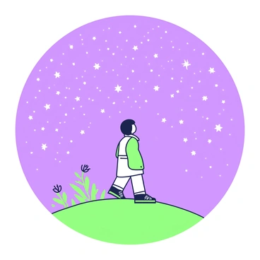 A person is standing on a grassy hill, gazing up at a sky filled with countless stars. The person has short hair and is wearing a light jacket. They are positioned slightly off-center, allowing a clear view of the vast night sky. The stars are bright and twinkling, creating a sense of wonder. In the foreground, there are a few wildflowers scattered around the hill, adding depth to the composition. The scene captures a moment of reflection and aspiration.