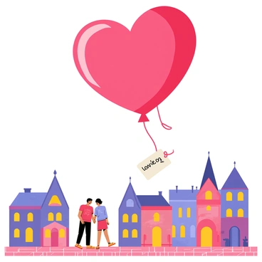A red heart-shaped balloon is floating gently in the sky. The balloon has a shiny surface and a curly ribbon attached to it. A small white love note is clipped to the ribbon, featuring a handwritten message. Below, a romantic cityscape unfolds with charming buildings, twinkling lights, and a soft twilight glow. Silhouettes of trees line the streets, and a couple can be seen walking hand in hand on a cobblestone path, adding to the atmosphere of love.