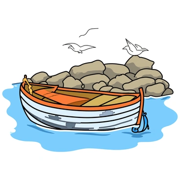 A small wooden fishing boat with a weathered surface, featuring chipped paint in shades of blue and white. The boat is gently bobbing on calm water, anchored near a rocky shore composed of various sizes of grey and brown stones. The sun casts warm light, creating soft shadows around the boat and the rocks. There are a few fishing nets and buoys scattered around the boat, adding to the fishing theme. Seagulls can be seen flying above, completing the coastal scene.