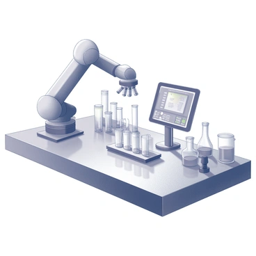 A robotic arm is positioned on a sleek, stainless steel lab bench. It is engaged in a lab test, extending towards a series of test tubes arranged in a precise order. The robotic arm has multiple joints and a gripper mechanism, which is poised to lift one of the test tubes. A digital display screen is visible, showing data and readings relevant to the experiment. The laboratory is furnished with advanced equipment, including beakers, a microscope, and various scientific instruments, all organized in a clean and orderly fashion.