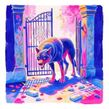 A ferocious hellhound is standing watch in front of an ancient wrought-iron gate. The hellhound is large, with dark fur bristling and glowing red eyes that pierce through the shadows. Its muscular body is poised, ready to attack, while sharp fangs are bared in a menacing snarl. The wrought-iron gate behind it is intricately designed, featuring twisted vines and ornate symbols, partially covered in rust. The ground is littered with leaves and stones, adding to the eerie atmosphere. Wisps of fog curl around the base of the gate, enhancing the mysterious setting.