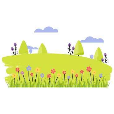 A meadow filled with patches of vibrant wildflowers in shades of red, yellow, purple, and blue. The tall green grasses sway gently in the breeze, creating a rhythmic motion. A clear blue sky overhead complements the colorful landscape, and a few fluffy white clouds drift lazily by. At the edge of the meadow, there are a few small trees providing shade, adding to the lively atmosphere of this natural scene.
