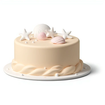 A round cake with a smooth, sandy beige frosting, resembling the color of beach sand. The top of the cake is adorned with various edible seashell decorations, including starfish and conch shells, all crafted in shades of white and light pink. The sides of the cake have a textured finish that mimics the look of gentle waves lapping against the shore. A few small edible pearls are scattered around the base, enhancing the beach theme. A light dusting of edible glitter gives the impression of sunlight sparkling on the surface of water.
