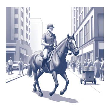 A horse and rider are traversing a busy urban street. The horse has a strong build and a shiny coat, while the rider is wearing a fitted riding outfit, complete with a helmet. Surrounding them, tall buildings line the street, with large windows reflecting the city lights. A crowd of pedestrians walks by, some looking at the horse in curiosity. Nearby, cars are parked along the curb, and a street vendor is selling snacks from a cart. The atmosphere is lively, showcasing the contrast between the equestrian presence and the urban environment.
