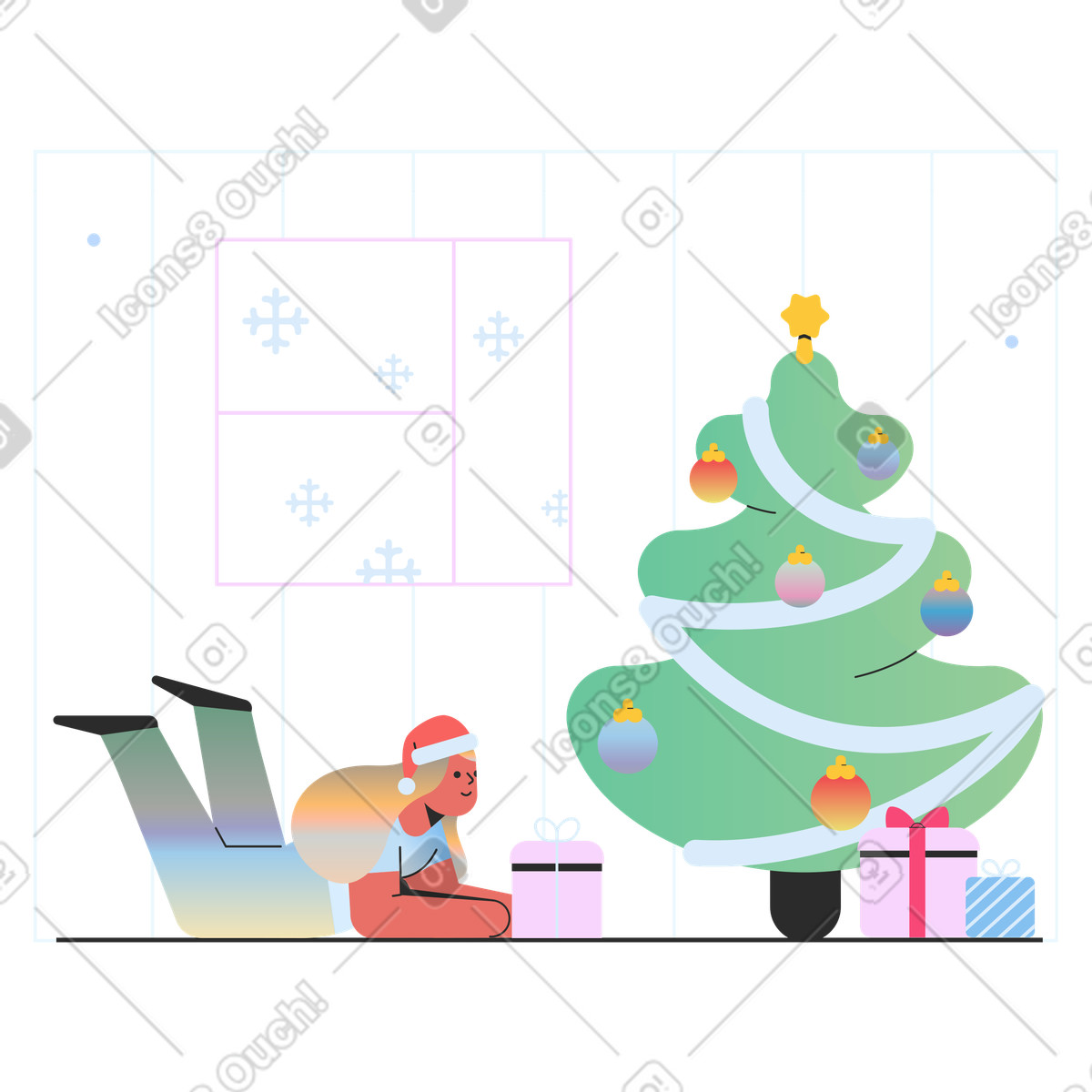 Marginalia 스타일의 Decorated Christmas tree with gifts, joy and gift giving 일러스트레이션 PNG, SVG 다운로드