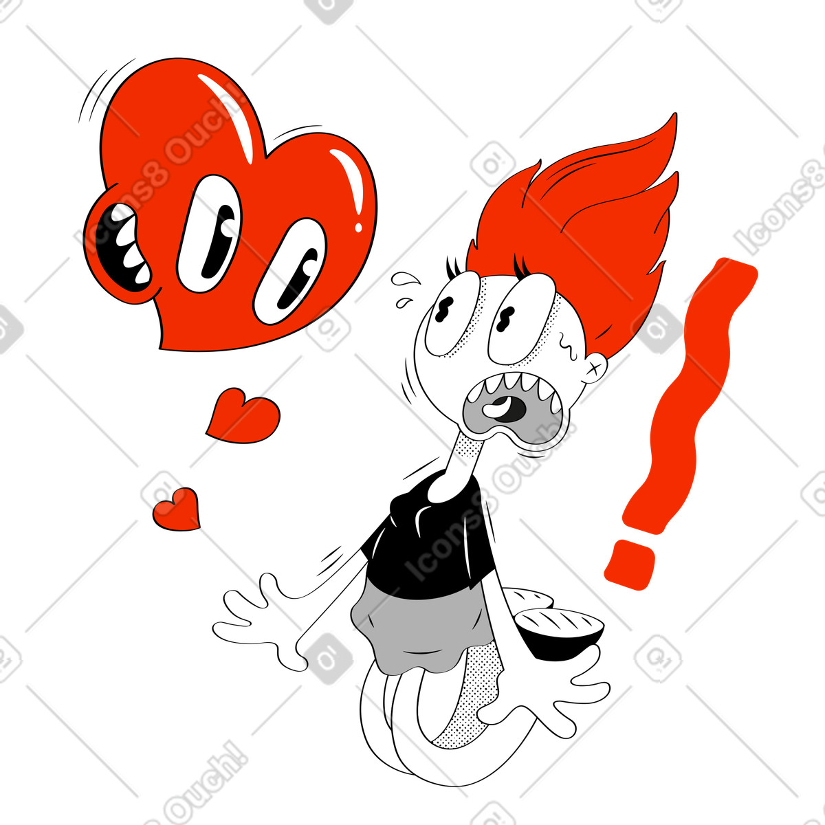Illustration Un cœur fou effraie une femme dans le style Looney à télécharger aux formats PNG, SVG