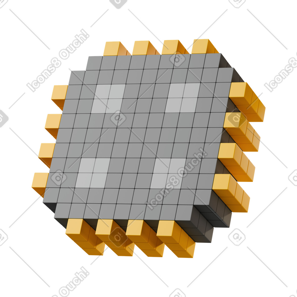 下载 3D Stickle 风格的 Grey voxel microchip with connector pins 插画，支持 PNG、SVG 格式