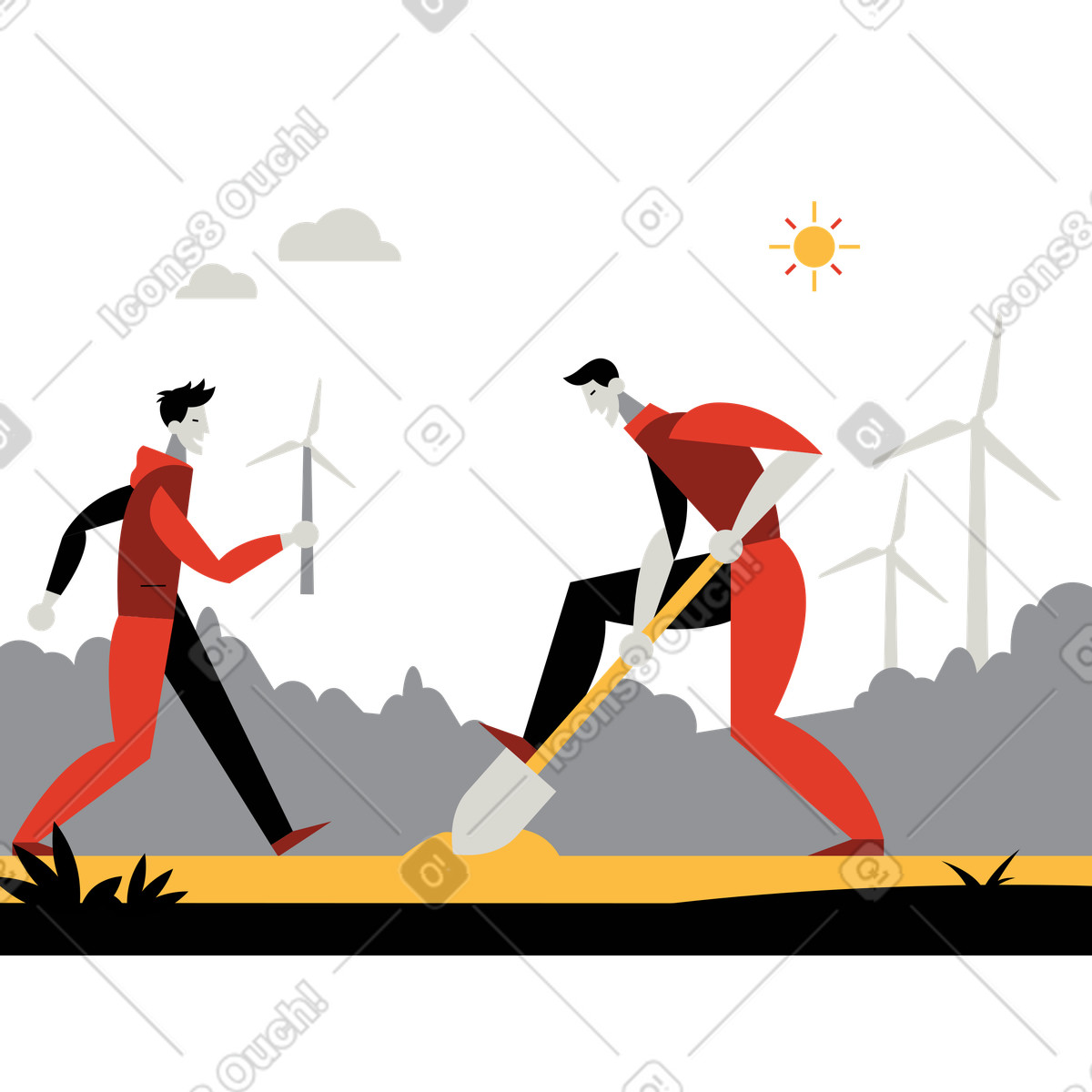 Ilustración Hombre cavando el suelo en parque eólico estilo Burgundy a descargar PNG y SVG