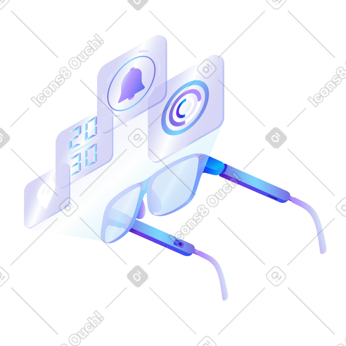 Augmented reality smart glasses with notifications, wearable tech and productivity, digital lifestyle enhancement illustration in Hi-tech style download in PNG, SVG