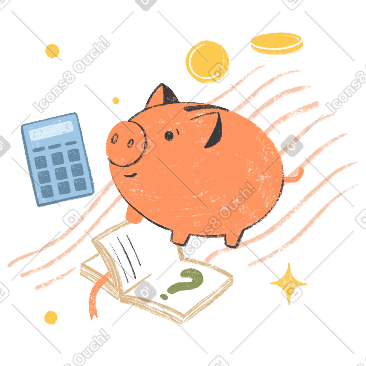 Иллюстрация Piggy bank with calculator and book, Teaching financial literacy for children в стиле Chalky — скачать в форматах PNG, SVG