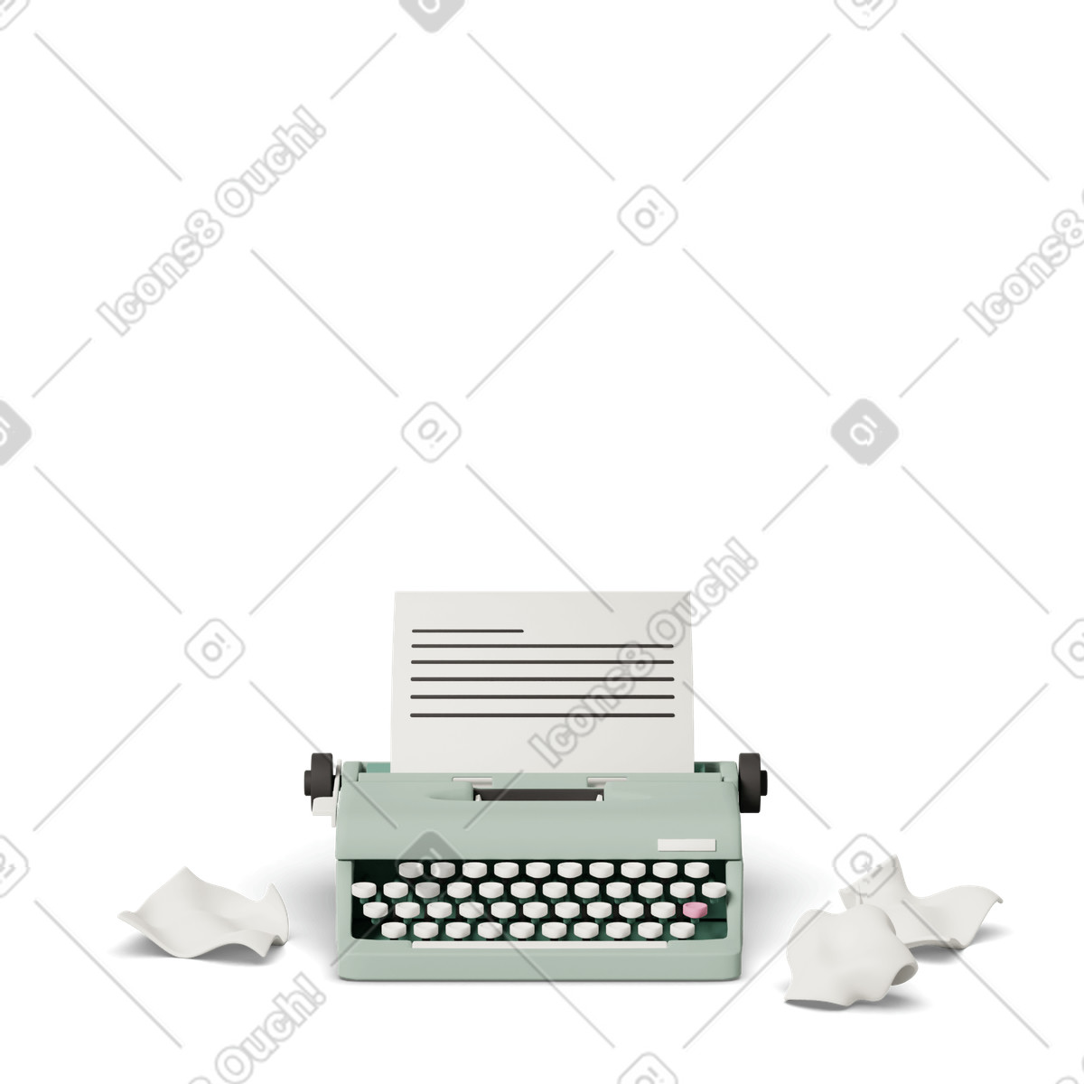 3D Casual life スタイルの Green typewriter with pieces of paper のイラストをPNG、SVG形式でダウンロード