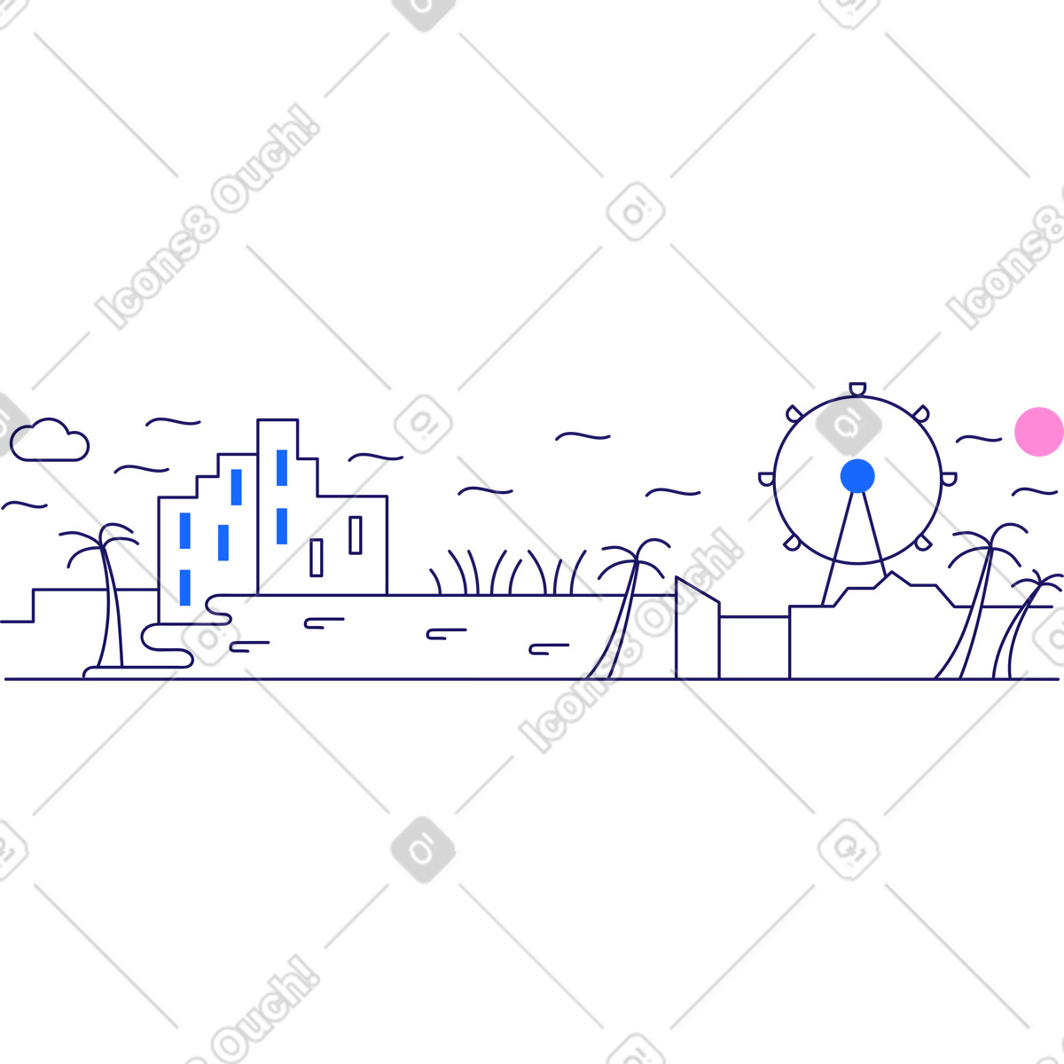 Stadtbild mit riesenrad-Illustration im Matey-Stil als Download in PNG, SVG