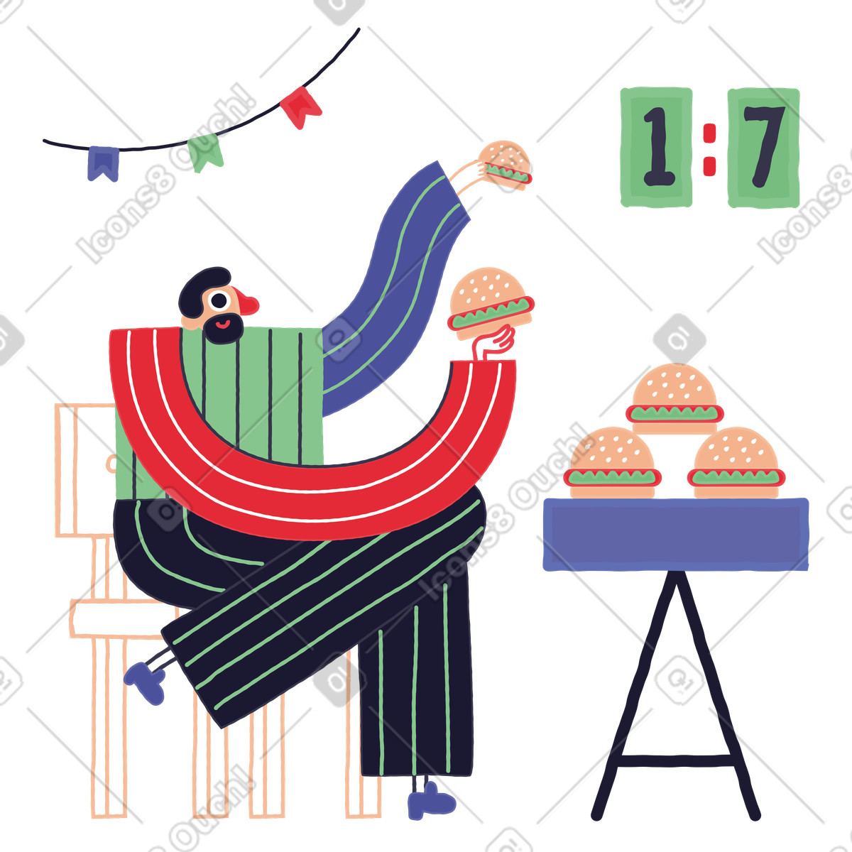 Illustration Homme au concours de manger des hamburgers dans le style Stripy à télécharger aux formats PNG, SVG