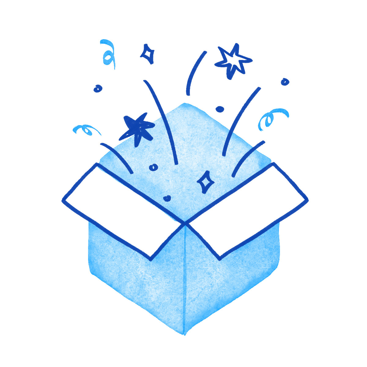 Illustration Boîte remplie de confettis, d'étoiles et tourbillons célébrant un moment surprise dans le style Tint à télécharger aux formats PNG, SVG