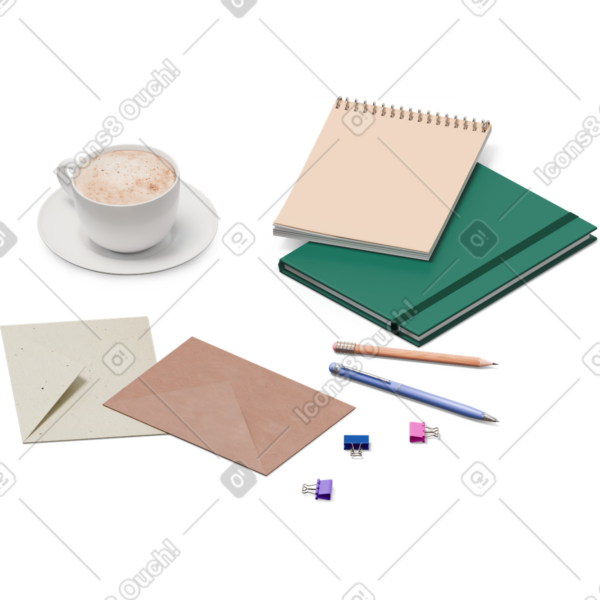 Ilustração de Vista isométrica envelopes, cadernos e xícara café em no estilo 3D Hygge para baixar em PNG, SVG