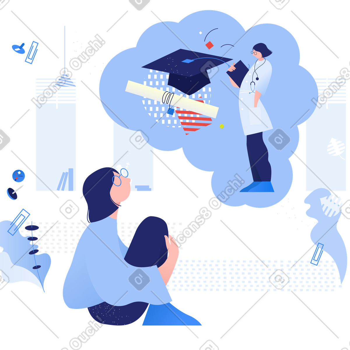 Student imagining future medical career, Academic achievement motivation illustrazione in stile Clip scarica in PNG, SVG