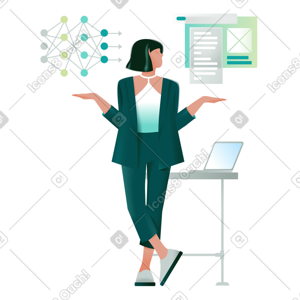 Engineer standing at desk with neural network diagram, Data science decision making-Illustration im Office-Stil als Download in PNG, SVG