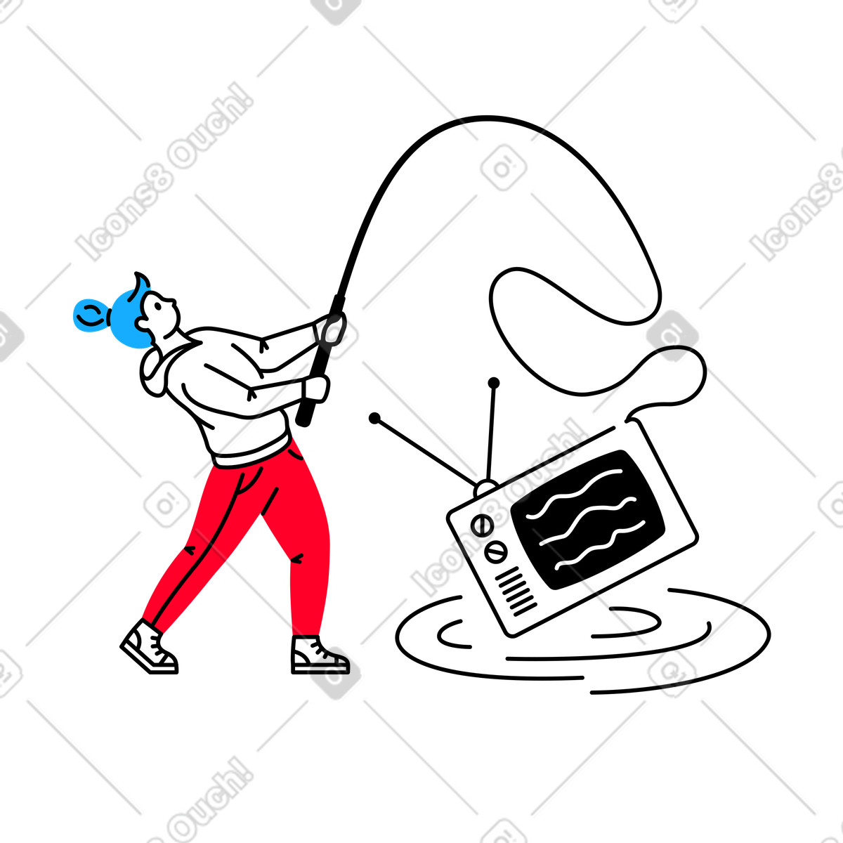 Ilustración Mujer atrapando un televisor viejo mientras pesca en estilo Transistor a descargar en PNG y SVG