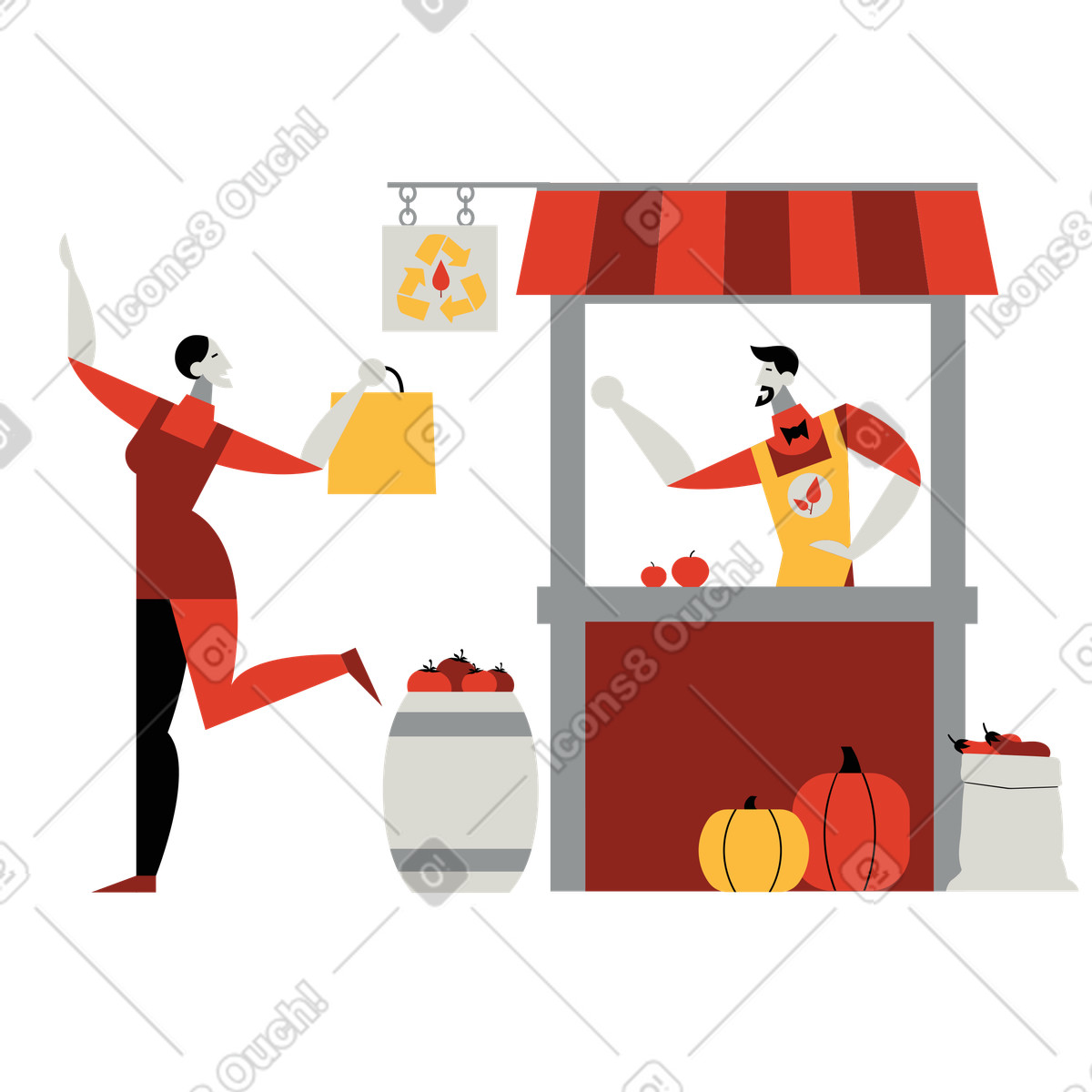 Donna che acquista prodotti biologici allo stand illustrazione in stile Burgundy scarica in PNG, SVG