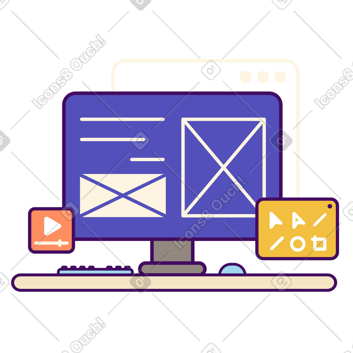 Ilustração de Tela computador com interface site, sinal jogo e barra ferramentas em no estilo Simplistic para baixar em PNG, SVG