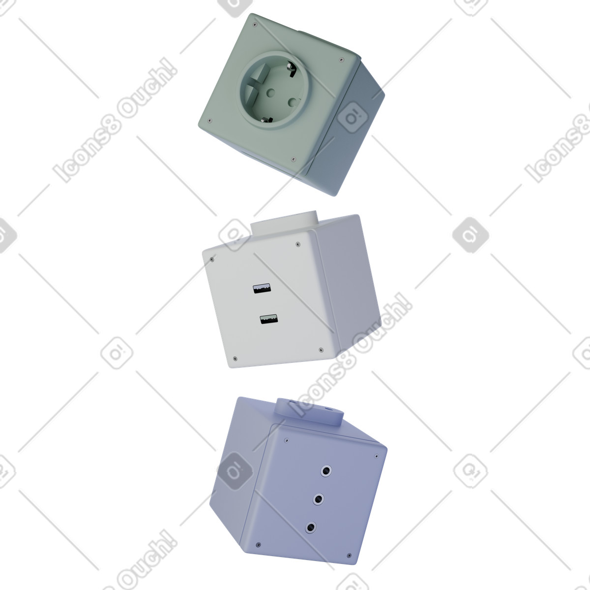 Minimal green, White and purple schuko socket cubes, Extension power strips, Electrical outlet renders illustrazione in stile 3D Product scarica in PNG, SVG