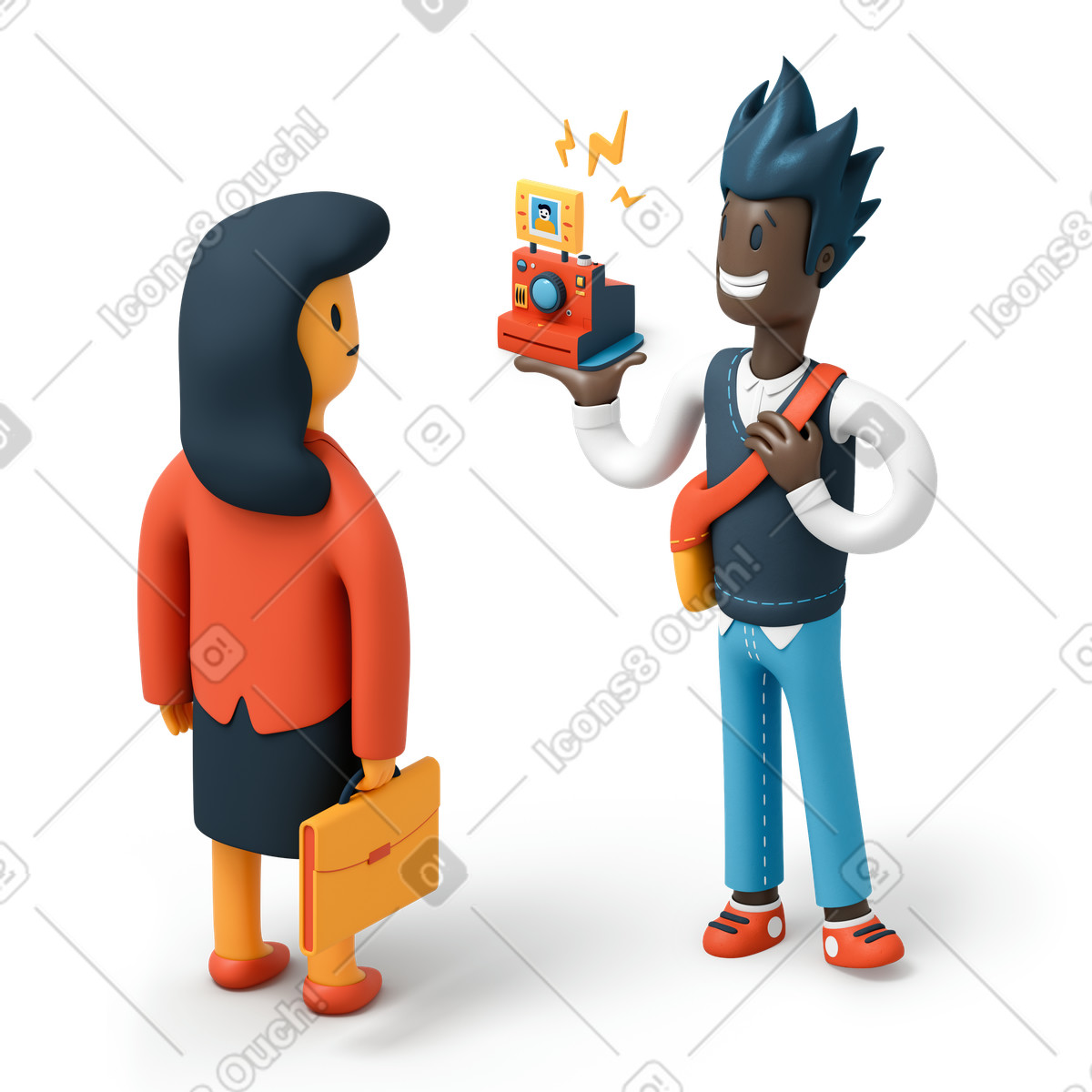 Ilustração de Homem mostrando câmera instantânea para mulher em no estilo 3D Flame baixar em PNG, SVG