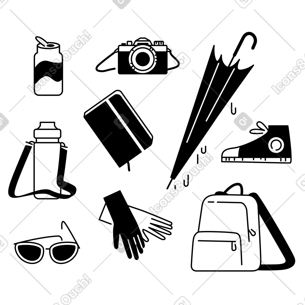 Accessori vari da viaggio illustrazione in stile Weekday scarica in PNG, SVG