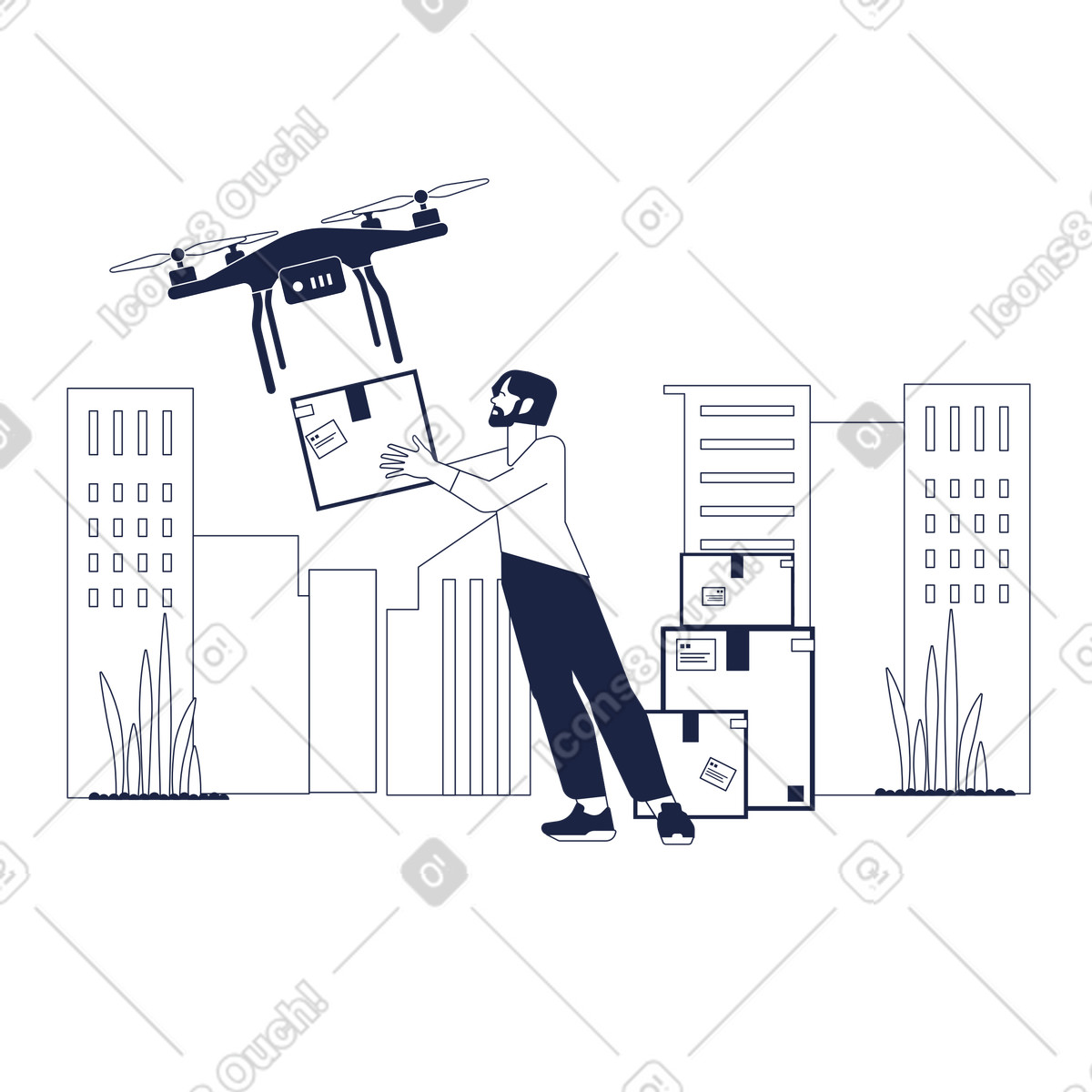 下载 Urban Line 风格的 Unmanned drone delivering packages, Smart logistics and automation 插画，支持 PNG、SVG 格式